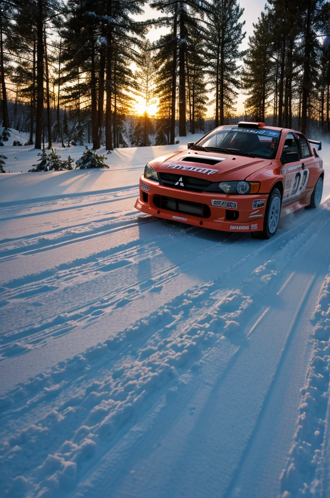 mitsubishi evo 9 in a rally race in a snowy forest at sunset