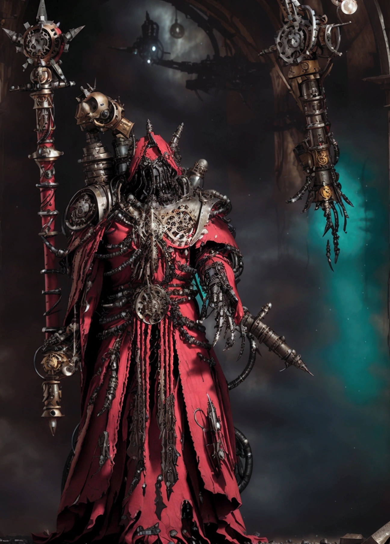 make a warhammer 40k rpg character, naughty man, adeptus mechanicus warhammer 40k, warrior monk, imponent pose, priestly vestment ( detailed outfit), holding a war staff, filled with implant, dark cathedral background (detailed back ground), robotic priest with armor.