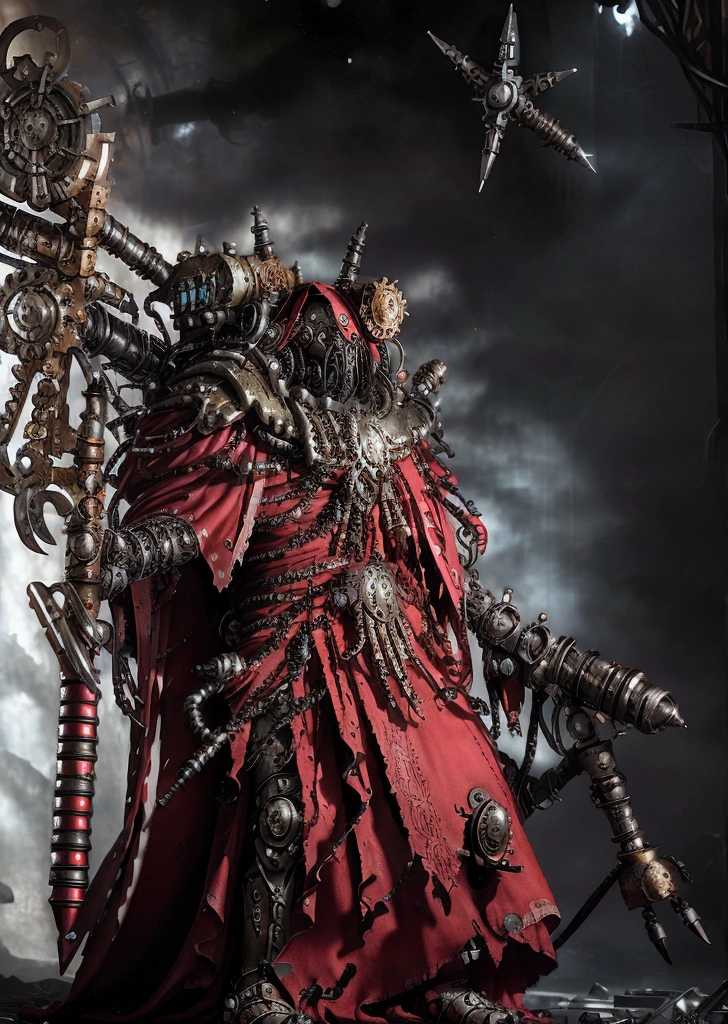 make a warhammer 40k rpg character, naughty man, adeptus mechanicus warhammer 40k, warrior monk, imponent pose, priestly vestment ( detailed outfit), holding a war staff, filled with implant, dark cathedral background (detailed back ground), robotic priest with armor.  