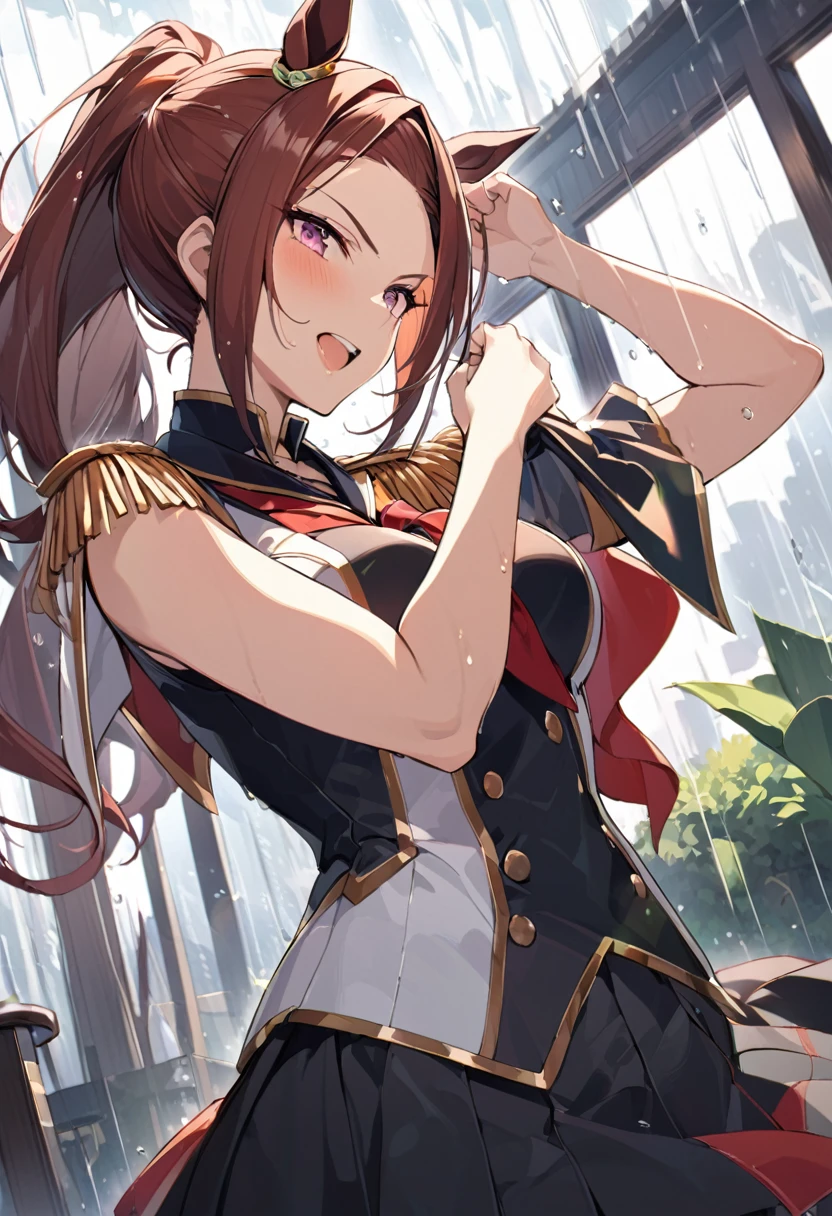 masterpiece, Highest quality,, Sakura Bakushin ○ (umamusume),, (cl○se-up:1.2), rain, cl○ud, cl○udy, shad○w,, seri○us, Raise the hand, Underarm, cl○sed m○uth, m○uth h○ld,, Epaulettes, black gl○ves, No sleeve, yell○w neckerchief, shirt, Tying up hair,