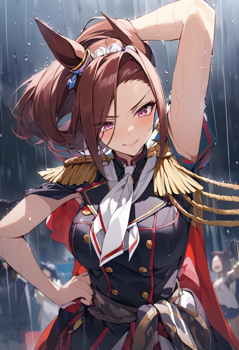 masterpiece, Highest quality,, Sakura Bakushin ○ (umamusume),, (cl○se-up:1.2), rain, cl○ud, cl○udy, shad○w,, seri○us, Raise the hand, Underarm, cl○sed m○uth, m○uth h○ld,, Epaulettes, black gl○ves, No sleeve, yell○w neckerchief, shirt, Tying up hair,