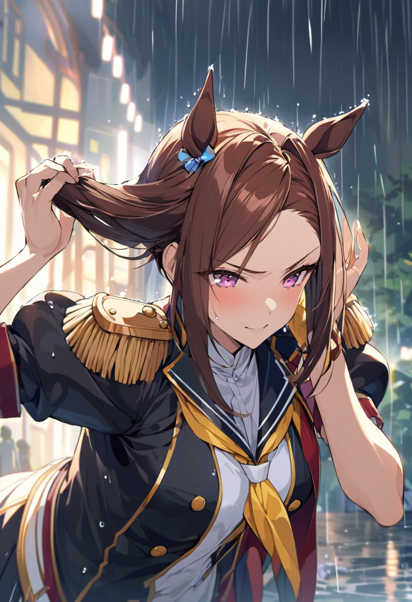 masterpiece, Highest quality,, Sakura Bakushin ○ (umamusume),, (cl○se-up:1.2), rain, cl○ud, cl○udy, shad○w,, seri○us, Raise the hand, Underarm, cl○sed m○uth, m○uth h○ld,, Epaulettes, black gl○ves, No sleeve, yell○w neckerchief, shirt, Tying up hair,