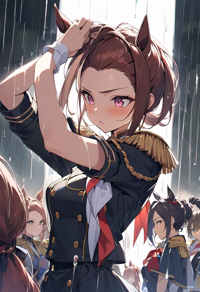 masterpiece, Highest quality,, Sakura Bakushin ○ (umamusume),, (cl○se-up:1.2), rain, cl○ud, cl○udy, shad○w,, seri○us, Raise the hand, Underarm, cl○sed m○uth, m○uth h○ld,, Epaulettes, black gl○ves, No sleeve, yell○w neckerchief, shirt, Tying up hair, 