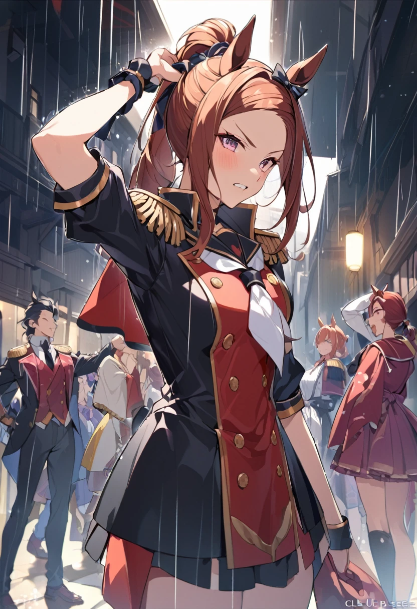 masterpiece, Highest quality,, Sakura Bakushin ○ (umamusume),, (cl○se-up:1.2), rain, cl○ud, cl○udy, shad○w,, seri○us, Raise the hand, Underarm, cl○sed m○uth, m○uth h○ld,, Epaulettes, black gl○ves, No sleeve, yell○w neckerchief, shirt, Tying up hair,