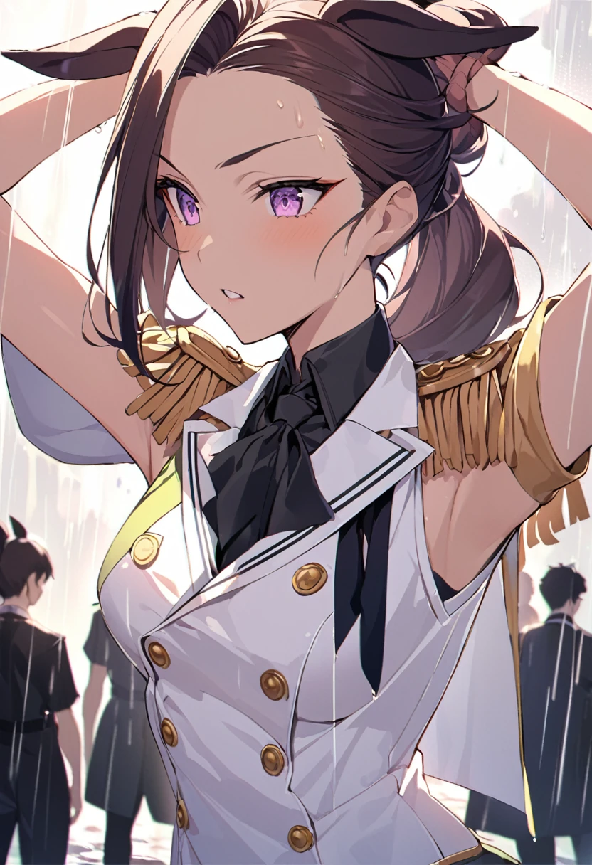 masterpiece, Highest quality,, Sakura Bakushin ○ (umamusume),, (cl○se-up:1.2), rain, cl○ud, cl○udy, shad○w,, seri○us, Raise the hand, Underarm, cl○sed m○uth, m○uth h○ld,, Epaulettes, black gl○ves, No sleeve, yell○w neckerchief, shirt, Tying up hair,