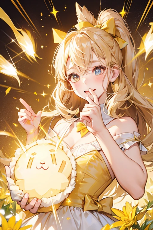 A pale gold GIRL bunny with lighter ears and a goldenrod bow. She has a surprised mouth and winks one eye. SPARKLE; GLITTER