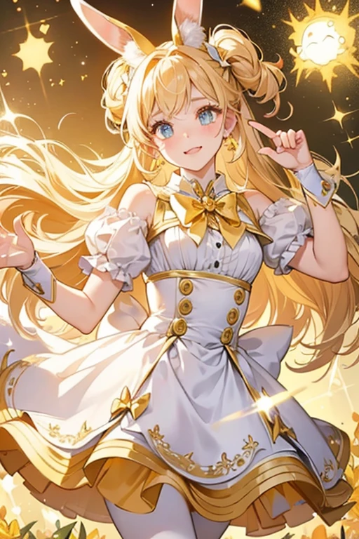 A pale gold GIRL bunny with lighter ears and a goldenrod bow. She has a surprised mouth and winks one eye. SPARKLE; GLITTER