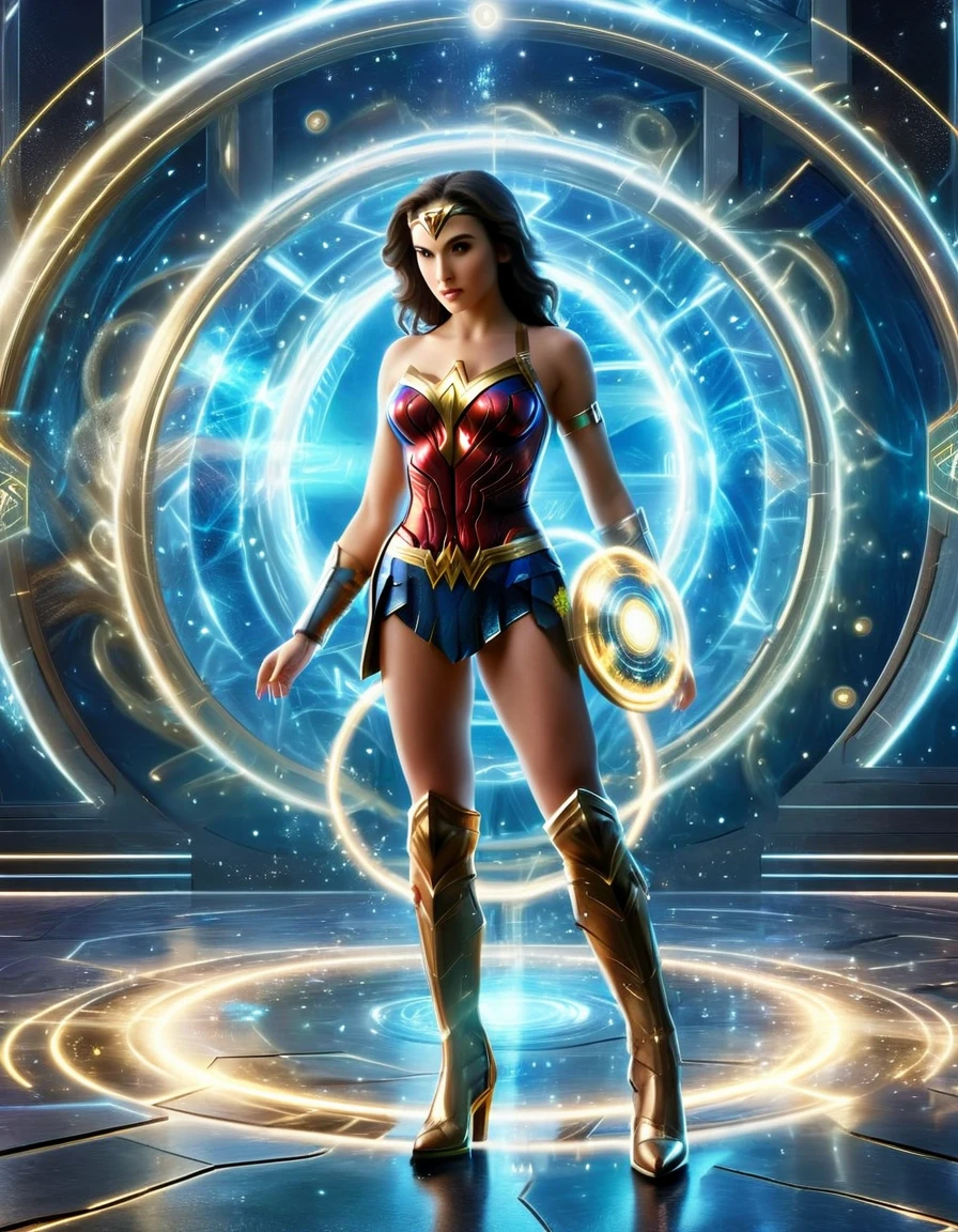 ((Full body photo, standing, on the floor))  Envision Wonder Woman portals within the Plex interface, allowing seamless travel between parallel universes, each portal revealing a different facet of her character.