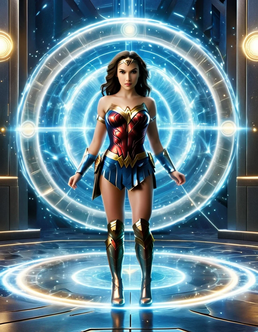 ((Full body photo, standing, on the floor))  Envision Wonder Woman portals within the Plex interface, allowing seamless travel between parallel universes, each portal revealing a different facet of her character.