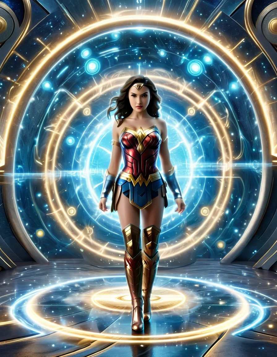 ((Full body photo, standing, on the floor))  Envision Wonder Woman portals within the Plex interface, allowing seamless travel between parallel universes, each portal revealing a different facet of her character.