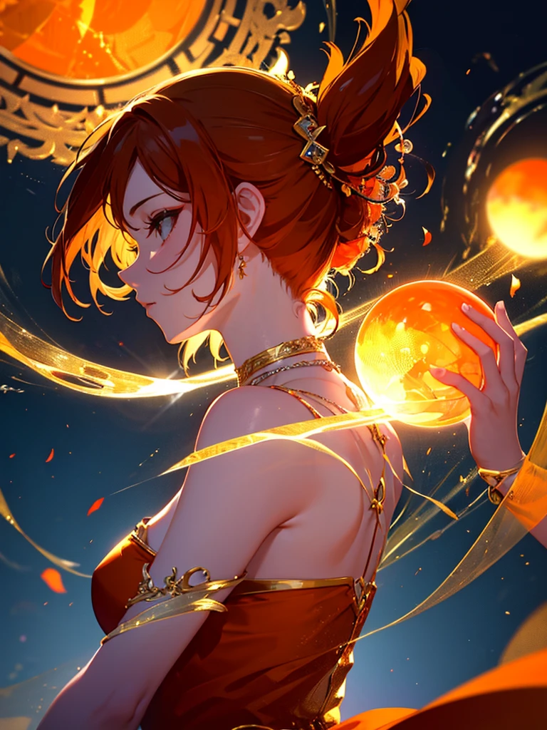 beautiful detailed girl in profile, orange background, glass sphere, photorealistic, masterpiece, 8k, highly detailed, sharp focus, cinematic lighting, vibrant colors, elegant, serene, minimalist, clean design, logo, circular composition