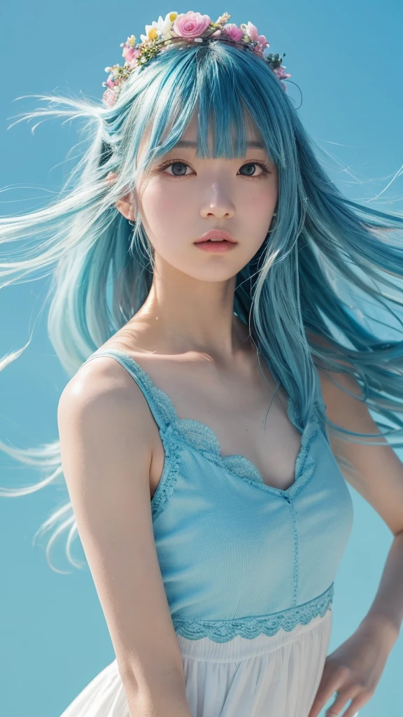 (masterpiece), (Highest quality), (Super detailed),(Disheveled Hair),(figure), (One girl), (Fashionable clothes), Are standing, Fashion Model, View your viewers, (interview), (Simple Background),Beautiful attention to detail, Delicate and beautiful face, floating,(High saturation),(Colorful splashes),Colorful Bubbles,(The Shining), Focus on the face, ponytail, kamisato ayaka, Light blue hair, bangs, Hair Ring, Floating Flowers, Floating hair, (The Shining), Best lighting, Best Shadow,