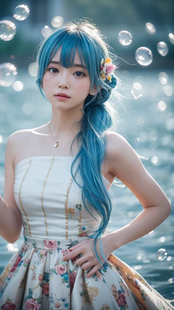 (masterpiece), (Highest quality), (Super detailed),(Disheveled Hair),(figure), (One girl), (Fashionable clothes), Are standing, Fashion Model, View your viewers, (interview), (Simple Background),Beautiful attention to detail, Delicate and beautiful face, floating,(High saturation),(Colorful splashes),Colorful Bubbles,(The Shining), Focus on the face, ponytail, kamisato ayaka, Light blue hair, bangs, Hair Ring, Floating Flowers, Floating hair, (The Shining), Best lighting, Best Shadow,