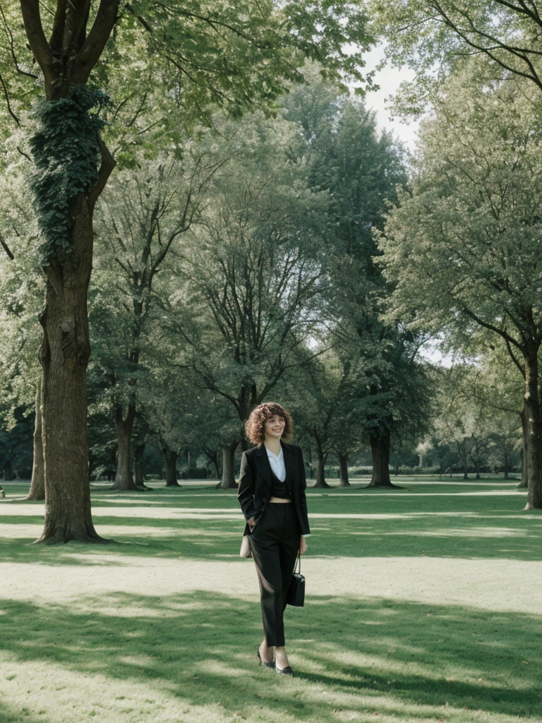 her name is Amelie, high quality, 1girl, ((25-year-old fit Caucasian woman)), ((25 years old)), ((BODY TYPE: HOURGLASS)), ((Curly Bangs)), smiling, pose: standing, wearing Well-dressed ULTRA MODERN Generation-Z modern wear VARIETY colored, BACKGROUND: "Visiting Parc de la Tête d'Or, with its expansive lawns, botanical gardens, and serene lake."