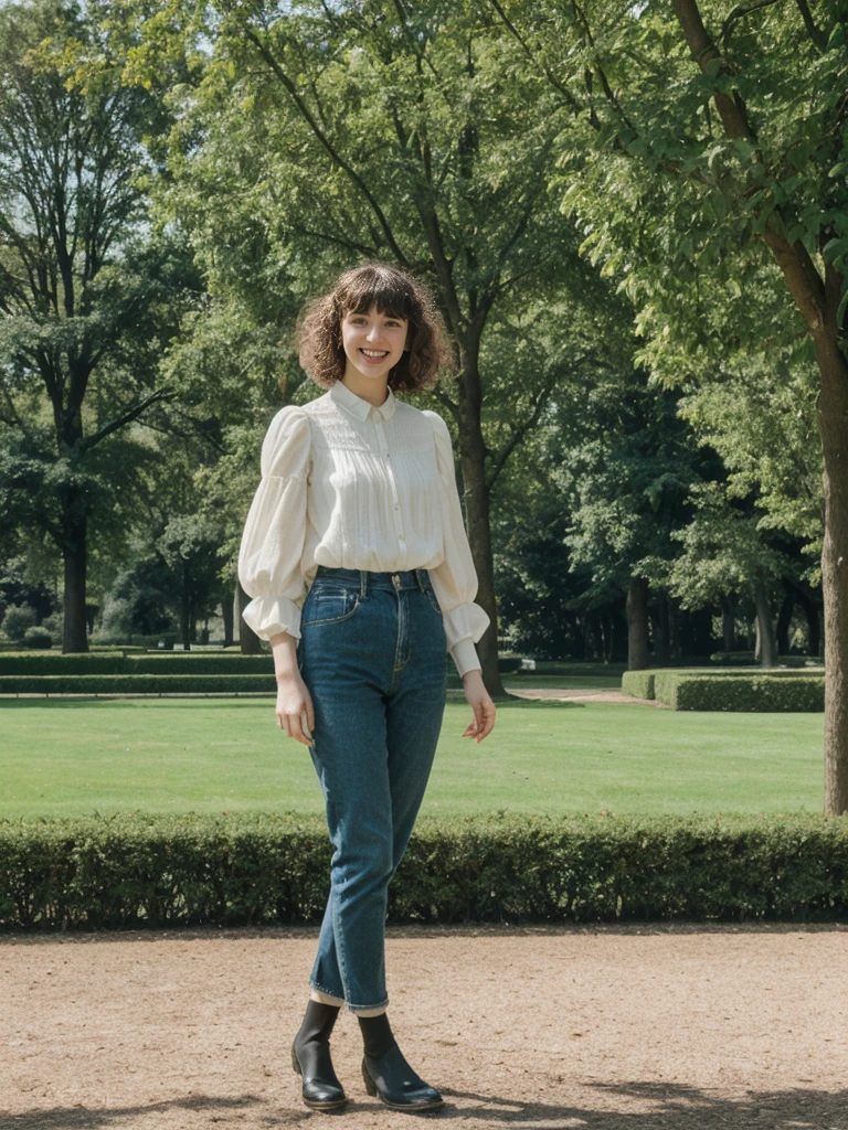 her name is Amelie, high quality, 1girl, ((25-year-old fit Caucasian woman)), ((25 years old)), ((BODY TYPE: HOURGLASS)), ((Curly Bangs)), smiling, pose: standing, wearing Well-dressed ULTRA MODERN Generation-Z modern wear VARIETY colored, BACKGROUND: "Visiting Parc de la Tête d'Or, with its expansive lawns, botanical gardens, and serene lake."