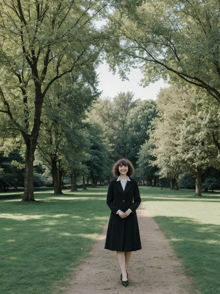 her name is Amelie, high quality, 1girl, ((25-year-old fit Caucasian woman)), ((25 years old)), ((BODY TYPE: HOURGLASS)), ((Curly Bangs)), smiling, pose: standing, wearing Well-dressed ULTRA MODERN Generation-Z modern wear VARIETY colored, BACKGROUND:  "Visiting Parc de la Tête d'Or, with its expansive lawns, botanical gardens, and serene lake."