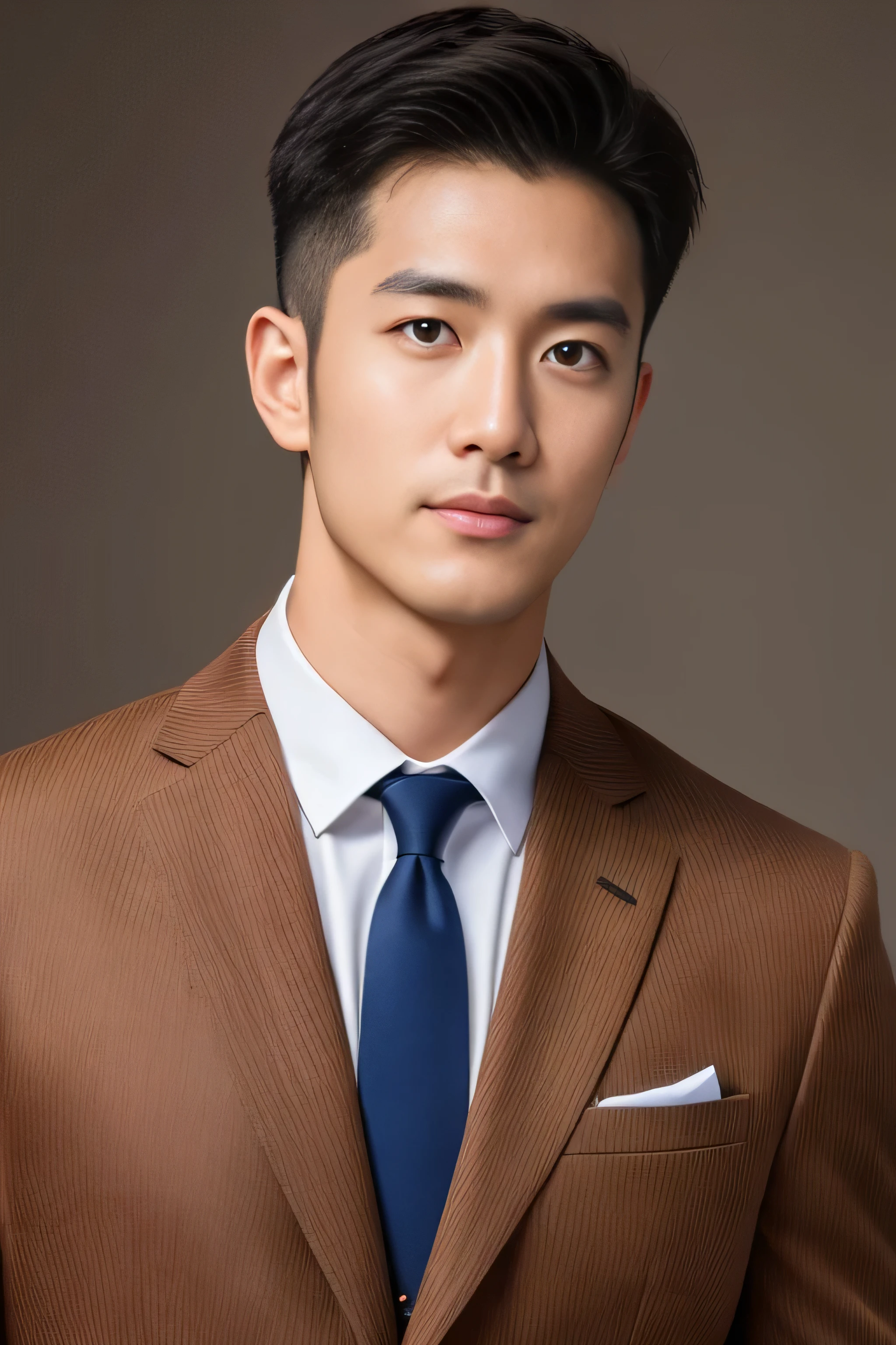Brown striped suit、　30-year-old handsome employee、The hair is neat.It is not advisable to cut the beard short.no beard.　（Super handsome S-class suit man）、　Japanese male, 30 years old、　merchant、　Super Deluxe Set、　office、　Stand up in a suitＳyoung handsome man、　full body image、　（CG Unity 8K High Detail Photo）、　（a very detailedＳThe most handsome boy in the class）、　（Photos are real）、　　（（top quality））、　super detailed、　（​Masterpiece）、　super high quality、　High、　audience、　gentleman、　very beautiful hair、　short hair、　bright photos、　As handsome as a model、　As handsome as an idol、　Luxury watches、　Eyes balanced looking at the audience with a slight smile