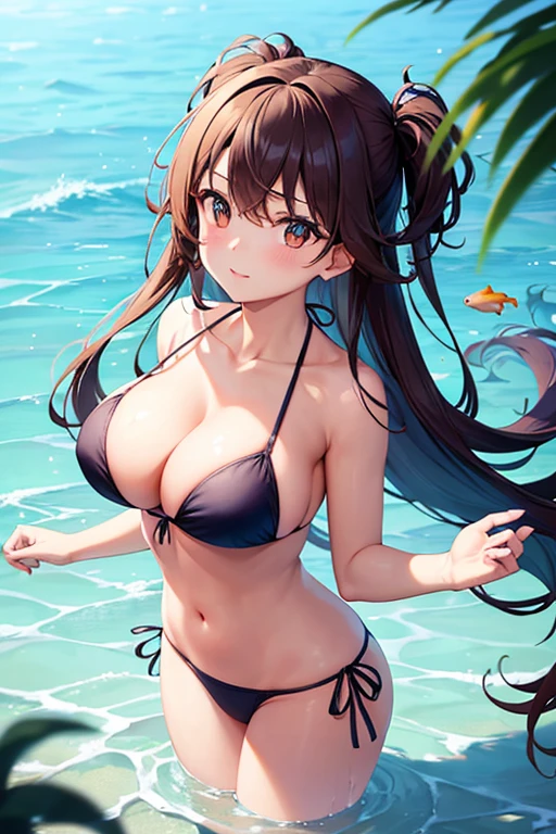 A busty girl in a bikini on a beach submerged in the water, observing a beautiful goldfish
