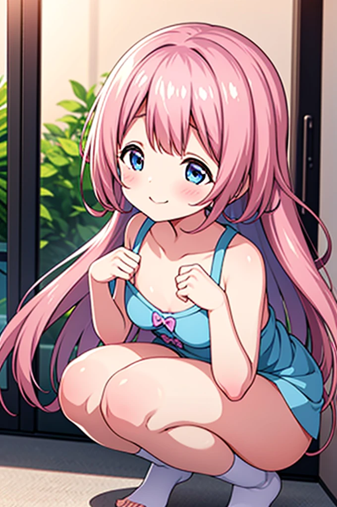 Himari Meimei, masterpiece, Voluptuous thighs, petit body, little young girl, flat chest, {1 Girl}, Cute and erotic smile, Highly detailed sparkling blue purple eyes, summer night, 困り眉, brilliant pink hair, completely nude, nsfw, squatting, I can watch her childish pink vagina, low-angled