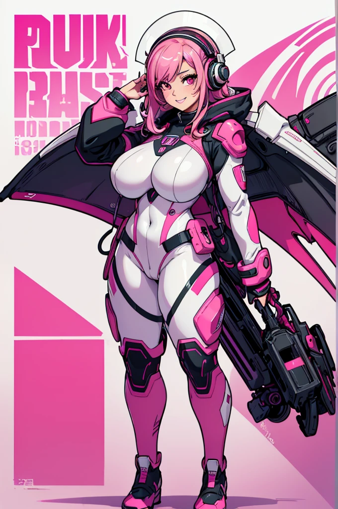 (masterpiece, best quality, high resolution,) a beautiful woman, ((huge breasts)), very messy pink hair, pink eyes, pink lips,, plug-in suit, pink and white pilot suit full body smile, headphones pink and white interface,((white background,)), ((full body standing)),