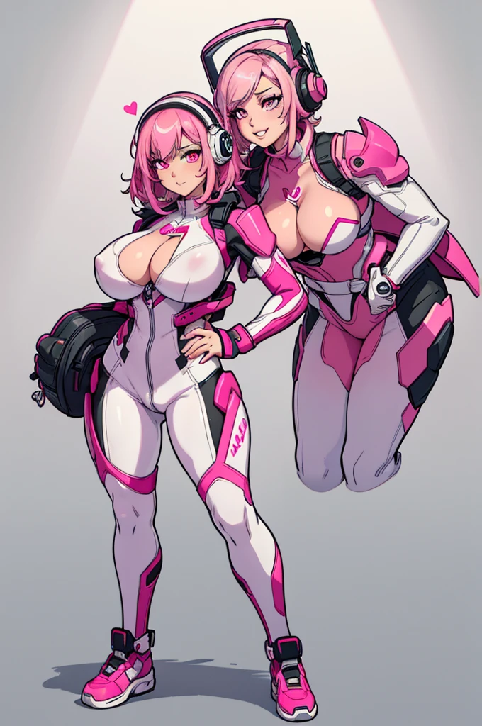 (masterpiece, best quality, high resolution,) a beautiful woman, ((huge breasts)), very messy pink hair, pink eyes, pink lips,, plug-in suit, pink and white pilot suit full body smile, headphones pink and white interface,((white background,)), ((full body standing)),
