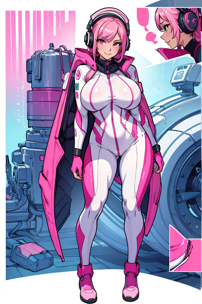 (masterpiece, best quality, high resolution,) a beautiful woman, ((huge breasts)), very messy pink hair, pink eyes, pink lips,, plug-in suit, pink and white pilot suit full body smile, headphones pink and white interface,((white background,)), ((full body standing)),