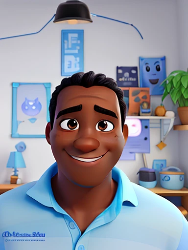 transform the image into a Pixar Disney cartoon character, of a dark-skinned man , smiling, blue and white polo shirt dress, Pixar-style