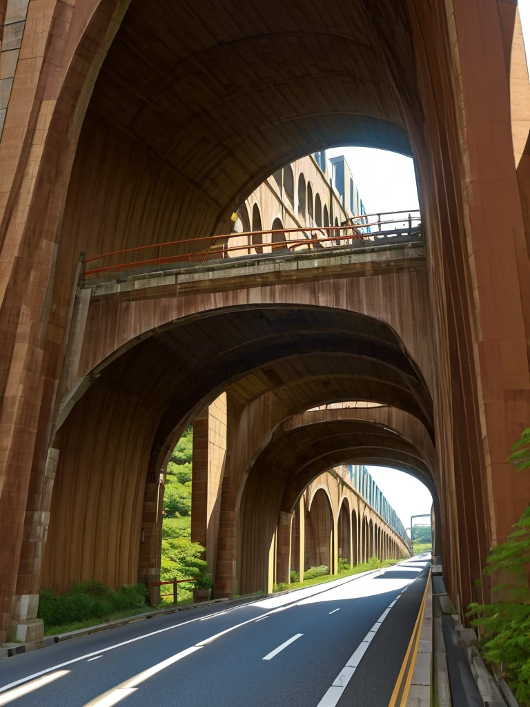 (((Masterpiece))), (best quality),A Japanese viaduct stretches directly across the street. Underneath the viaduct is a single lane road. A local city.
