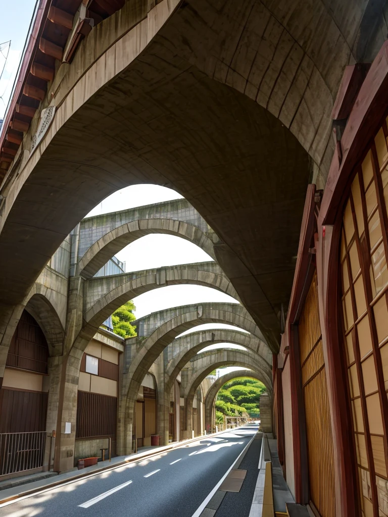 (((Masterpiece))), (best quality),A Japanese viaduct stretches directly across the street. Underneath the viaduct is a single lane road. A local city.
