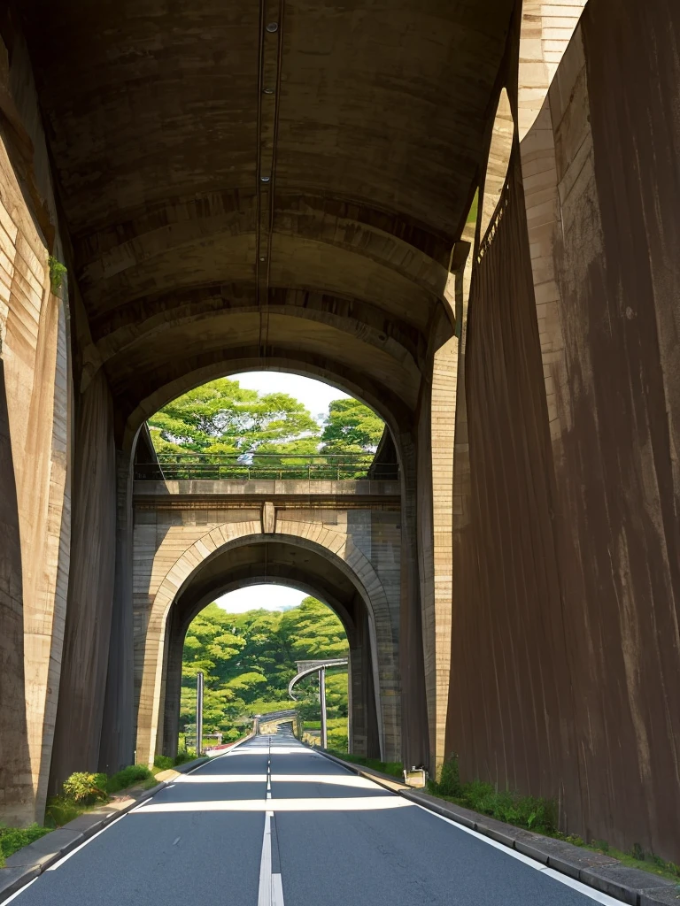 (((Masterpiece))), (best quality),A Japanese viaduct stretches directly across the street. Underneath the viaduct is a single lane road. A local city.
