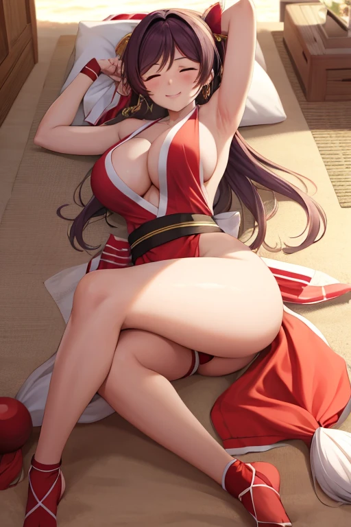 masterpiece, best quality, beautiful art, high resolution, well formed hands, body and fingers, 1 woman, solo, Nozomi Toujou ,adult, grown up,  cosplaying as Mai Shiranui , mai_shiranui_cosplay, adult, large and round breasted, cleavage, full body , hair ribbon, gorgeous legs and, thighs, sexy Japanese clothes, hair ornament , sexy legs , hips and thighs,ryona,in peril, she is  defeated, knocked out, passed out, closed eyes, exhausted, unconscious, laying down on the sand, extended exposed body, full body on the sand, breathing heavily, sexy smirk on her face, bouncing breasts, sexy defeated pose, defeat and  KO scene, fallen beauty, martial arts tournament with beach environment      