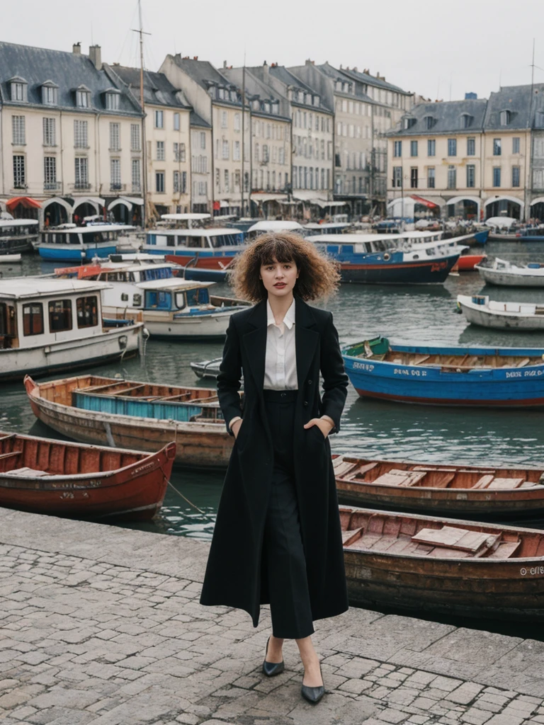her name is Amelie, high quality, 1girl, ((25-year-old fit Caucasian woman)), ((25 years old)), ((BODY TYPE: HOURGLASS)), ((Curly Bangs)), pose: standing, wearing Well-dressed ULTRA MODERN Generation-Z modern wear VARIETY colored, BACKGROUND:  "Exploring the bustling Vieux-Port (Old Port), with its colorful boats and lively fish market."