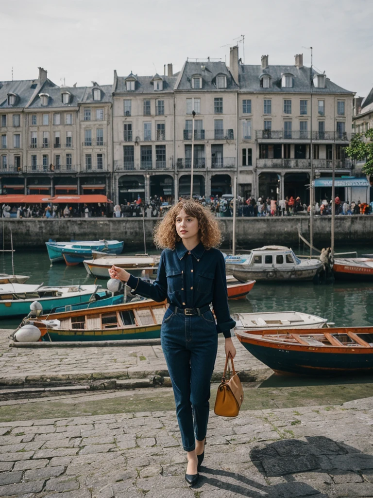 her name is Amelie, high quality, 1girl, ((25-year-old fit Caucasian woman)), ((25 years old)), ((BODY TYPE: HOURGLASS)), ((Curly Bangs)), pose: standing, wearing Well-dressed ULTRA MODERN Generation-Z modern wear VARIETY colored, BACKGROUND: "Exploring the bustling Vieux-Port (Old Port), with its colorful boats and lively fish market."