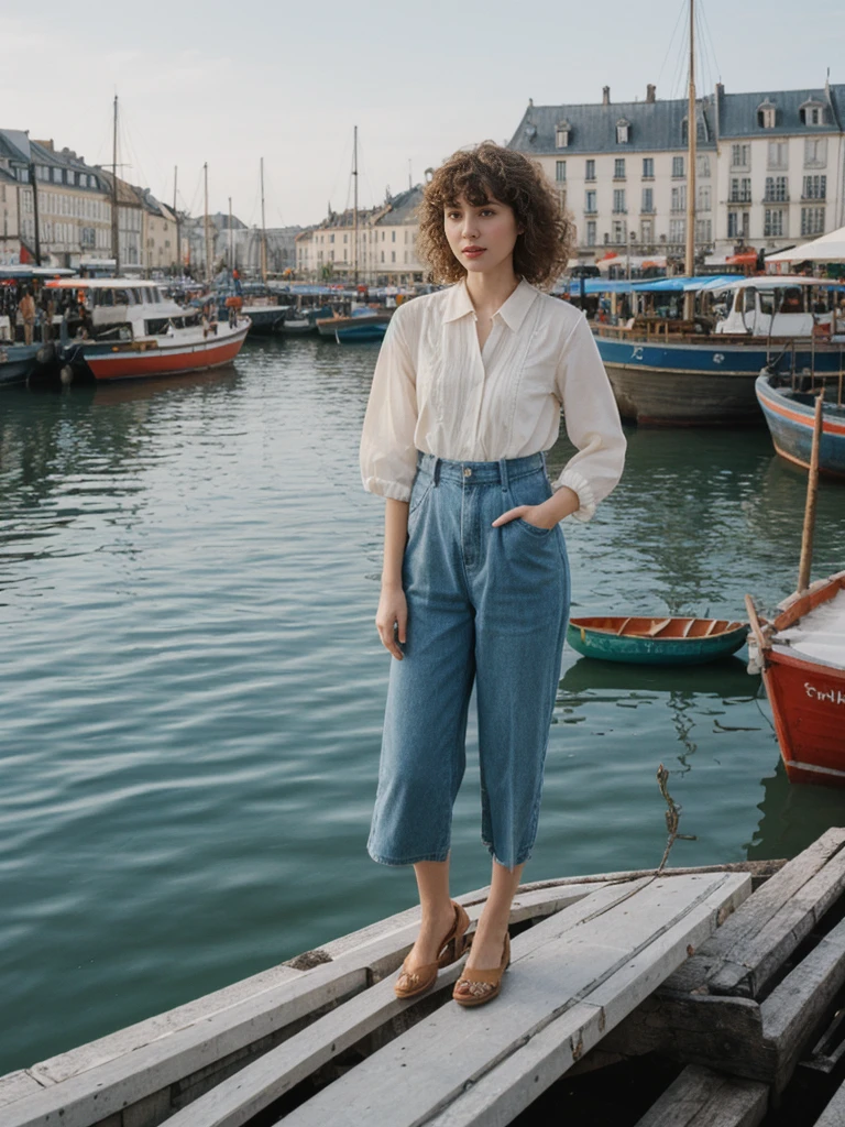her name is Amelie, high quality, 1girl, ((25-year-old fit Caucasian woman)), ((25 years old)), ((BODY TYPE: HOURGLASS)), ((Curly Bangs)), pose: standing, wearing Well-dressed ULTRA MODERN Generation-Z modern wear VARIETY colored, BACKGROUND: "Exploring the bustling Vieux-Port (Old Port), with its colorful boats and lively fish market."