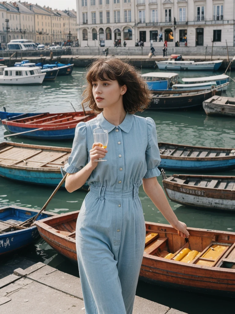 her name is Amelie, high quality, 1girl, ((25-year-old fit Caucasian woman)), ((25 years old)), ((BODY TYPE: HOURGLASS)), ((Curly Bangs)), pose: standing, wearing Well-dressed ULTRA MODERN Generation-Z modern wear VARIETY colored, BACKGROUND: "Exploring the bustling Vieux-Port (Old Port), with its colorful boats and lively fish market."