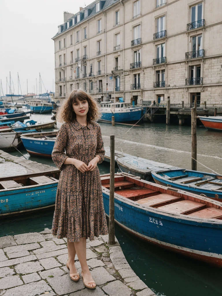 her name is Amelie, high quality, 1girl, ((25-year-old fit Caucasian woman)), ((25 years old)), ((BODY TYPE: HOURGLASS)), ((Curly Bangs)), pose: standing, wearing Well-dressed ULTRA MODERN Generation-Z modern wear VARIETY colored, BACKGROUND:  "Exploring the bustling Vieux-Port (Old Port), with its colorful boats and lively fish market."