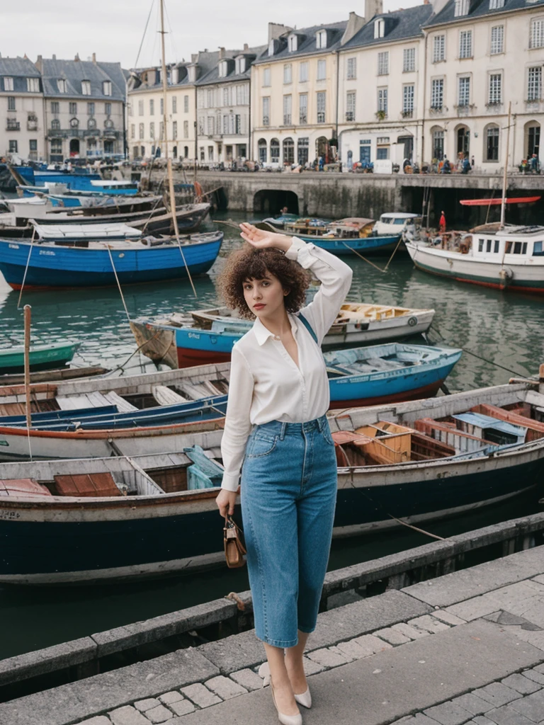 her name is Amelie, high quality, 1girl, ((25-year-old fit Caucasian woman)), ((25 years old)), ((BODY TYPE: HOURGLASS)), ((Curly Bangs)), pose: standing, wearing Well-dressed ULTRA MODERN Generation-Z modern wear VARIETY colored, BACKGROUND:  "Exploring the bustling Vieux-Port (Old Port), with its colorful boats and lively fish market."