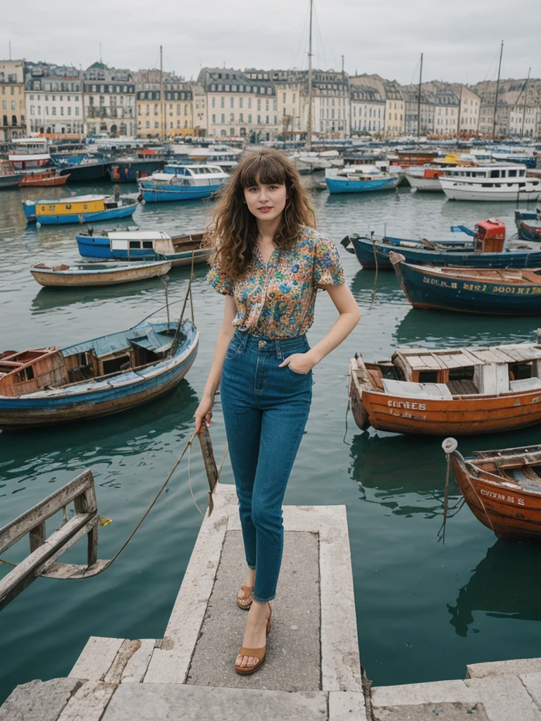 her name is Amelie, high quality, 1girl, ((25-year-old fit Caucasian woman)), ((25 years old)), ((BODY TYPE: HOURGLASS)), ((Curly Bangs)), pose: standing, wearing Well-dressed ULTRA MODERN Generation-Z modern wear VARIETY colored, BACKGROUND: "Exploring the bustling Vieux-Port (Old Port), with its colorful boats and lively fish market."