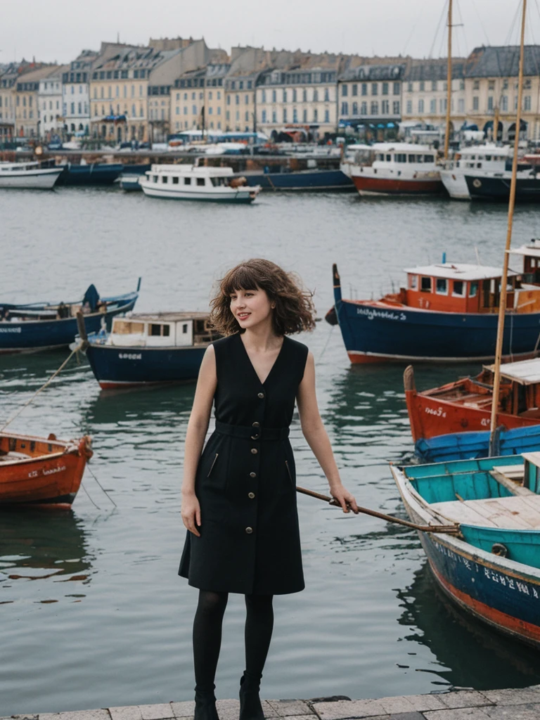 her name is Amelie, high quality, 1girl, ((25-year-old fit Caucasian woman)), ((25 years old)), ((BODY TYPE: HOURGLASS)), ((Curly Bangs)), pose: standing, wearing Well-dressed ULTRA MODERN Generation-Z modern wear VARIETY colored, BACKGROUND:  "Exploring the bustling Vieux-Port (Old Port), with its colorful boats and lively fish market."