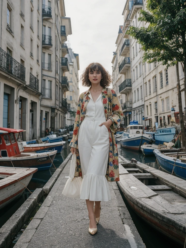 her name is Amelie, high quality, 1girl, ((25-year-old fit Caucasian woman)), ((25 years old)), ((BODY TYPE: HOURGLASS)), ((Curly Bangs)), pose: standing, wearing Well-dressed ULTRA MODERN Generation-Z modern wear VARIETY colored, BACKGROUND: "Exploring the bustling Vieux-Port (Old Port), with its colorful boats and lively fish market."