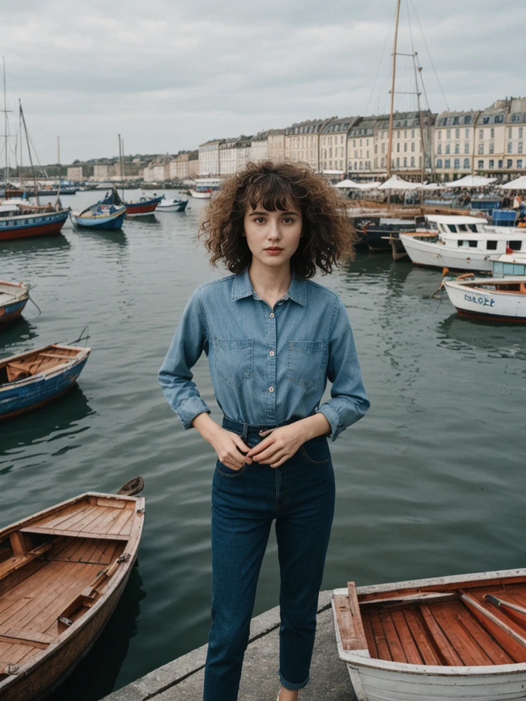 her name is Amelie, high quality, 1girl, ((25-year-old fit Caucasian woman)), ((25 years old)), ((BODY TYPE: HOURGLASS)), ((Curly Bangs)), pose: standing, wearing Well-dressed ULTRA MODERN Generation-Z modern wear VARIETY colored, BACKGROUND:  "Exploring the bustling Vieux-Port (Old Port), with its colorful boats and lively fish market."