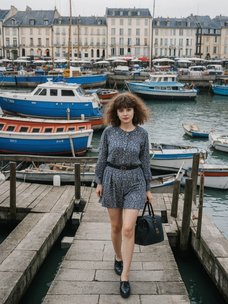 her name is Amelie, high quality, 1girl, ((25-year-old fit Caucasian woman)), ((25 years old)), ((BODY TYPE: HOURGLASS)), ((Curly Bangs)), pose: standing, wearing Well-dressed ULTRA MODERN Generation-Z modern wear VARIETY colored, BACKGROUND:  "Exploring the bustling Vieux-Port (Old Port), with its colorful boats and lively fish market."