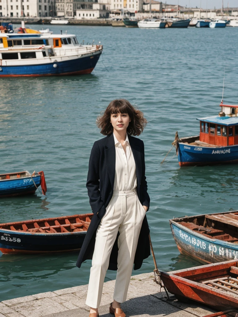 her name is Amelie, high quality, 1girl, ((25-year-old fit Caucasian woman)), ((25 years old)), ((BODY TYPE: HOURGLASS)), ((Curly Bangs)), pose: standing, wearing Well-dressed ULTRA MODERN Generation-Z modern wear VARIETY colored, BACKGROUND: "Exploring the bustling Vieux-Port (Old Port), with its colorful boats and lively fish market."