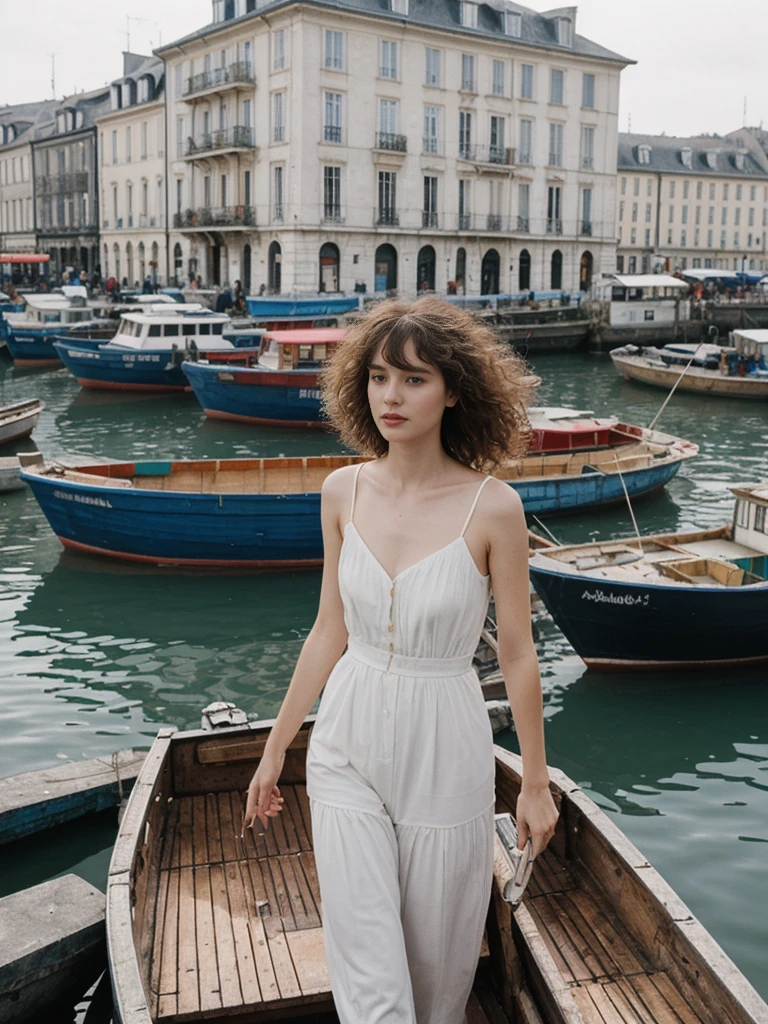 her name is Amelie, high quality, 1girl, ((25-year-old fit Caucasian woman)), ((25 years old)), ((BODY TYPE: HOURGLASS)), ((Curly Bangs)), pose: standing, wearing Well-dressed ULTRA MODERN Generation-Z modern wear VARIETY colored, BACKGROUND:  "Exploring the bustling Vieux-Port (Old Port), with its colorful boats and lively fish market."