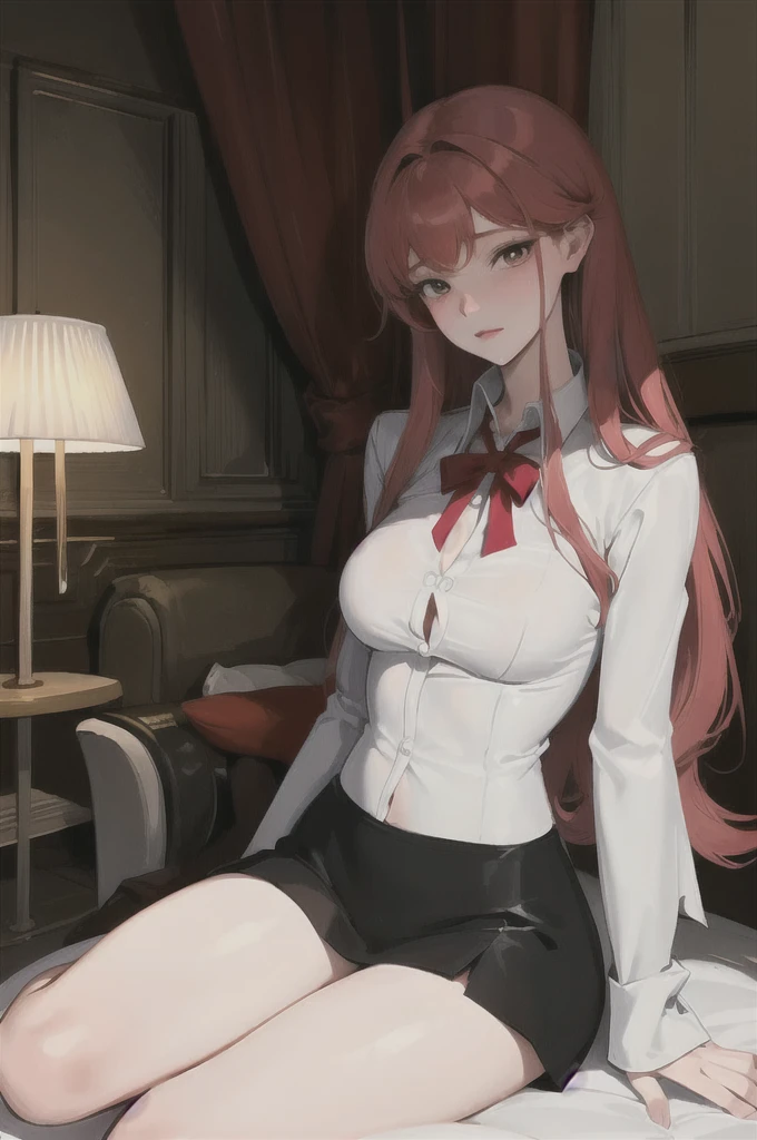 An anime girl with red hair and blue eyes wearing a skirt and an open shirt revealing a black and red bra