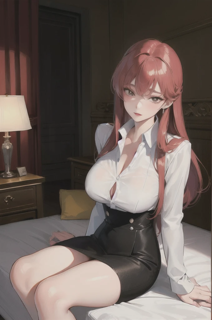 Masterpiece best quality octane rendering beautiful girl in a white shirt buttoned up long red hair long legs black stockings thoughtful expression sitting on the bed in the hotel leg loops hand details