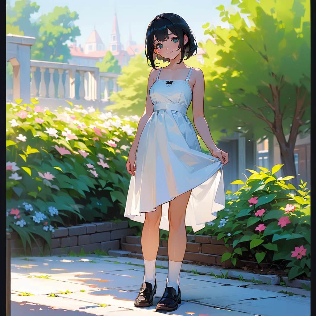 (high quality, High resolution, Very detailed, reality:1.37), Peaceful atmosphere, (Outdoor, garden), Teenage girl standing alone, (my breasts are big.), Beautiful details, Cute Smile, (Black bob hair), White camisole dress, White socks, loafers.
