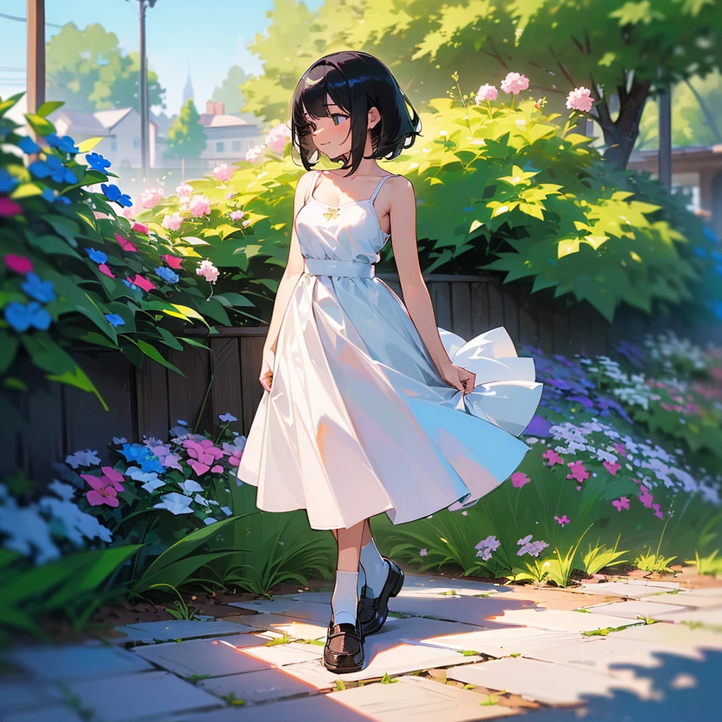 (high quality, High resolution, Very detailed, reality:1.37), Peaceful atmosphere, (Outdoor, garden), Teenage girl standing alone, (my breasts are big.), Beautiful details, Cute Smile, (Black bob hair), White camisole dress, White socks, loafers.