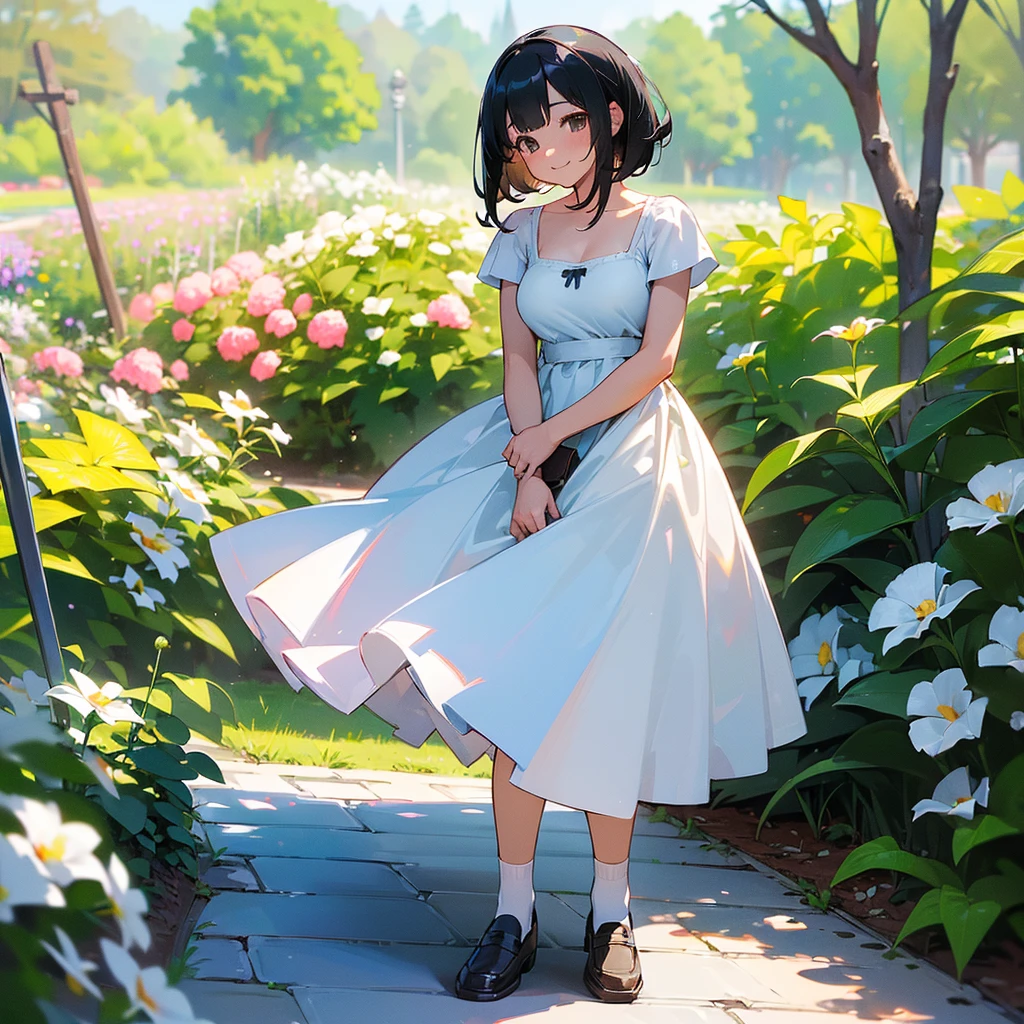 (high quality, High resolution, Very detailed, reality:1.37), Peaceful atmosphere, (Outdoor, garden), girl standing alone, (my breasts are big.), Beautiful details, Cute Smile, (Black bob hair), White camisole dress, White socks, loafers.