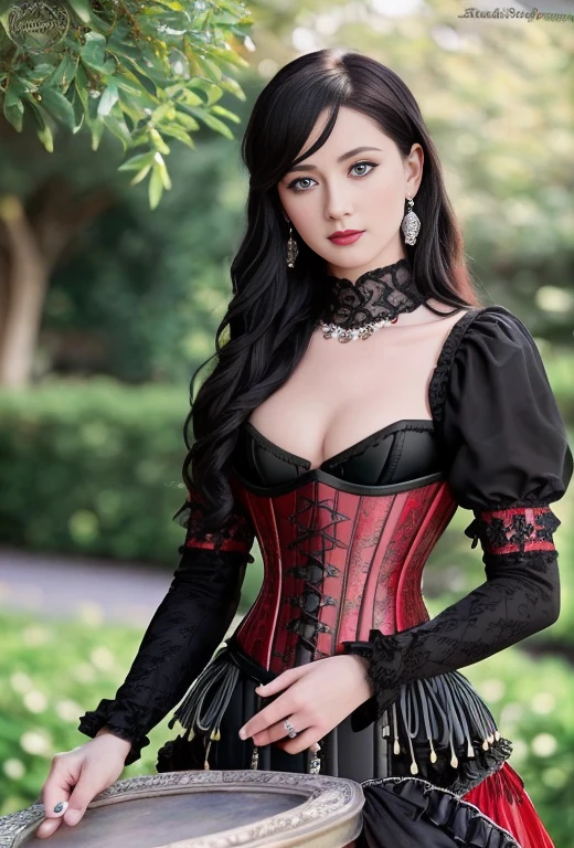 high quality fingers, normal hands, Detailed fingers, masterpiece, (realist, photo-realist:1.37), (Whole body:1.5), (25 year old women), big breasts, small waist, long and flowing black, bright blue eyes, beautiful face, perfect lighting, beautiful detailed eyes, looking at the viewer, incredibly beautiful women, detailed hairstyle, detailed background, highly detailed and ornate victorian ((not duotone [red and black]) corset:1.5), detailed and elegant jewelry, The background is a beautiful flower garden with gazebo.. Photo realist, 8k
